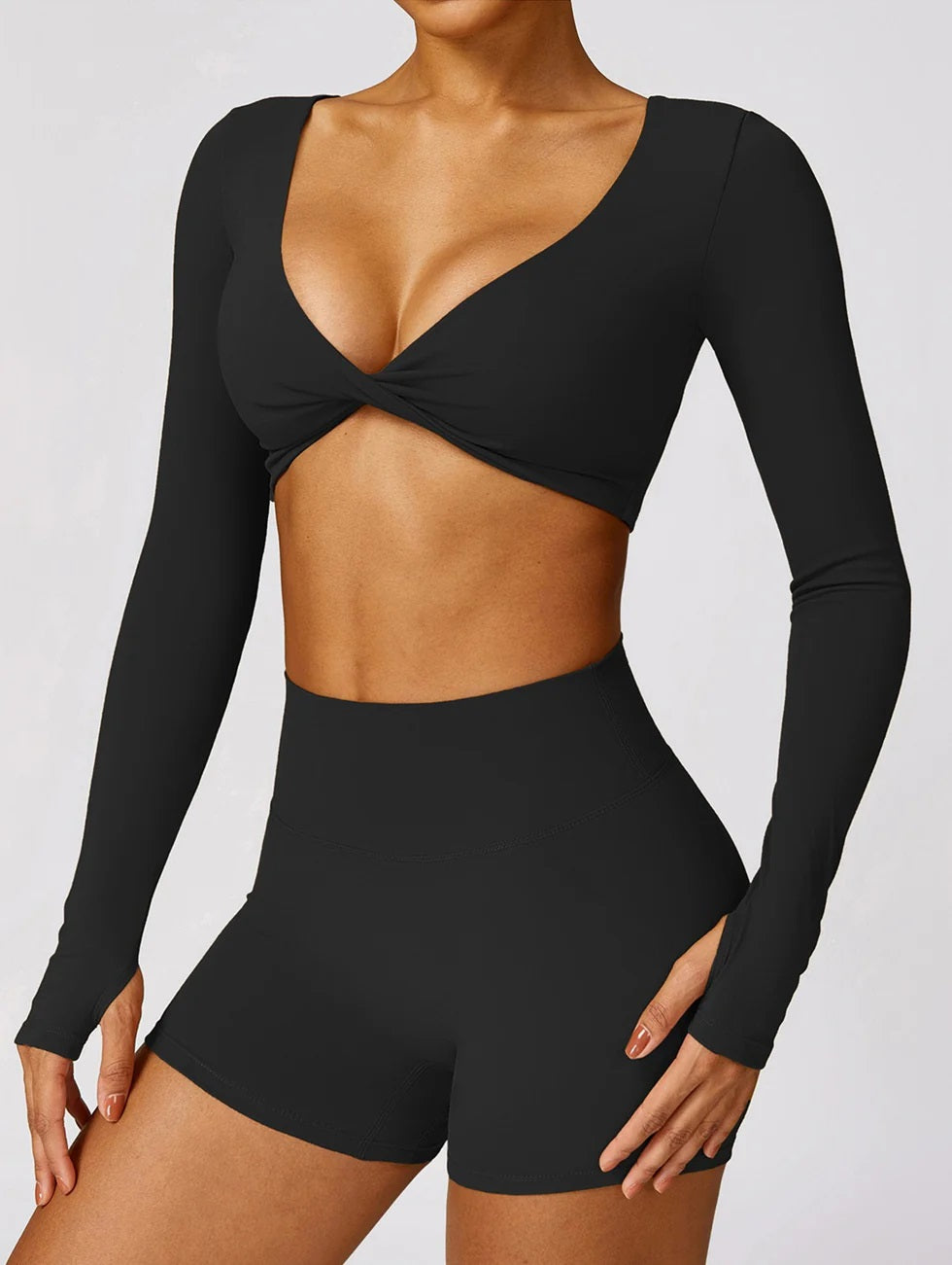 2-teilig Formschöne Langärmel Crop Top & Shorts Set-Schwartz