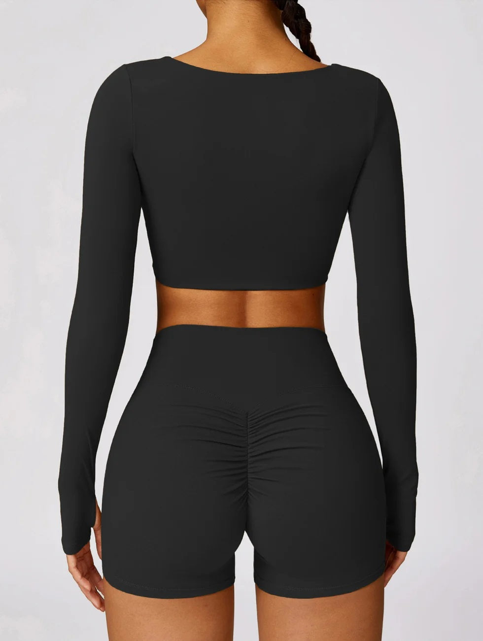 2-teilig Formschöne Langärmel Crop Top & Shorts Set-Schwartz