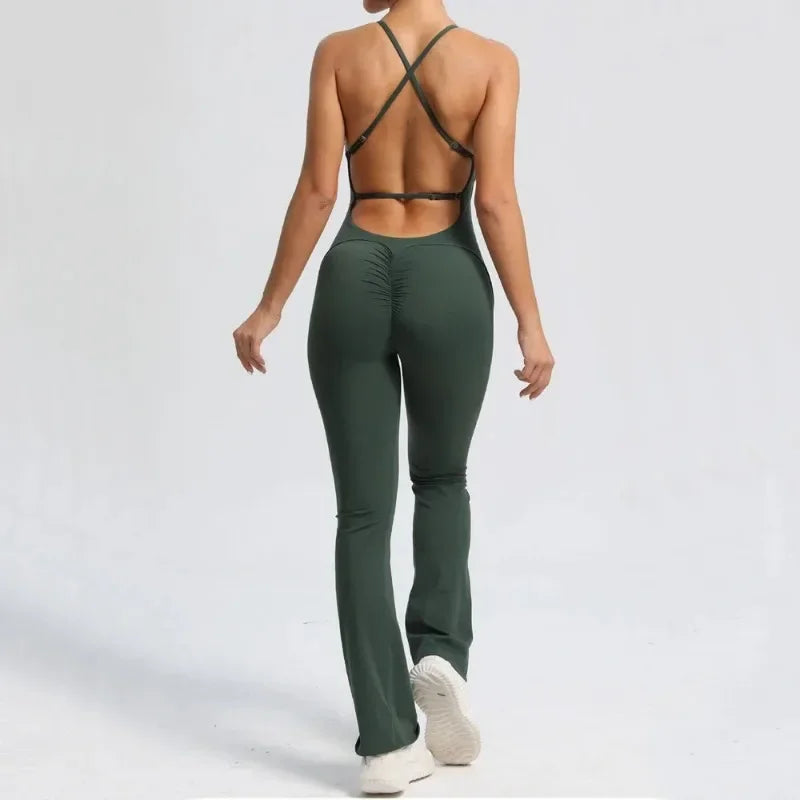 1-teiliger Rückenfreier Flared Fitness Jumpsuit