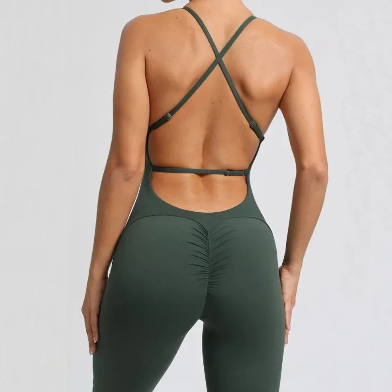 1-teiliger Rückenfreier Flared Fitness Jumpsuit