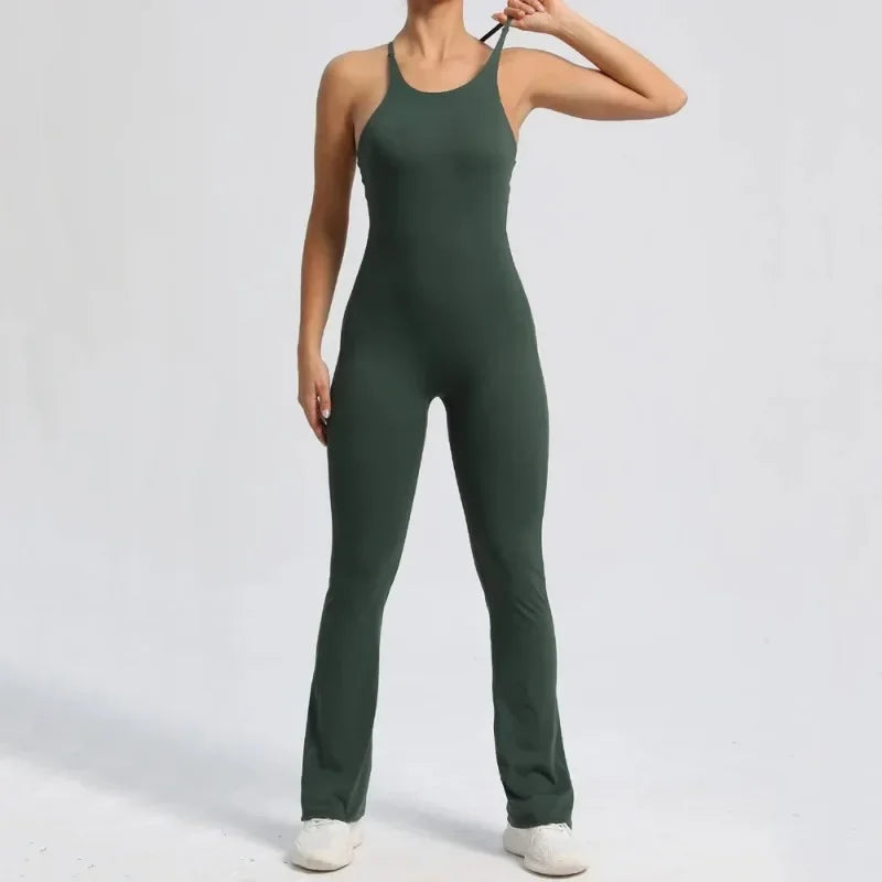 1-teiliger Rückenfreier Flared Fitness Jumpsuit