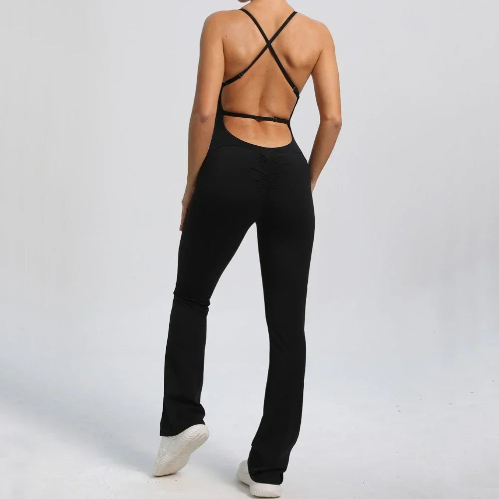 1-teiliger Rückenfreier Flared Fitness Jumpsuit