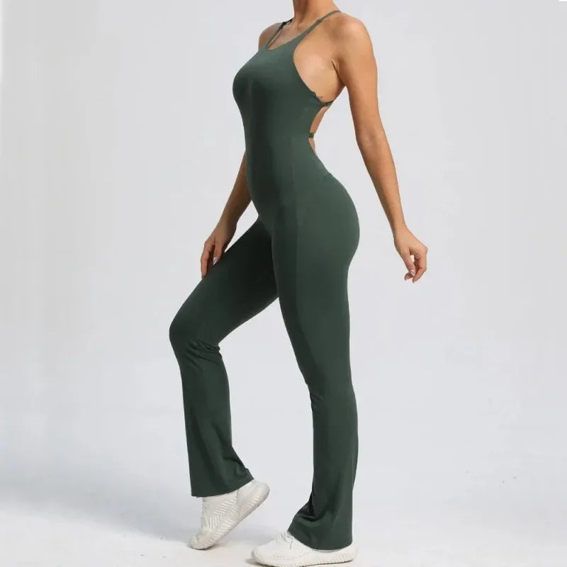 1-teiliger Rückenfreier Flared Fitness Jumpsuit