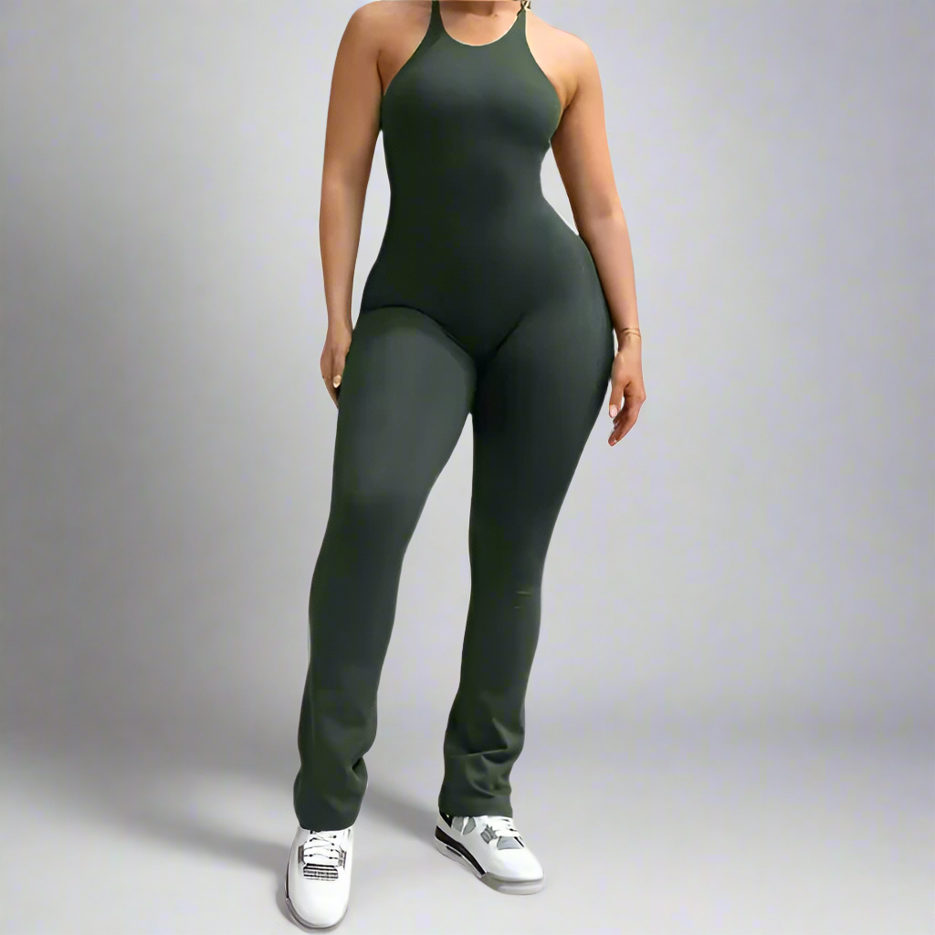 1-teiliger Rückenfreier Flared Fitness Jumpsuit