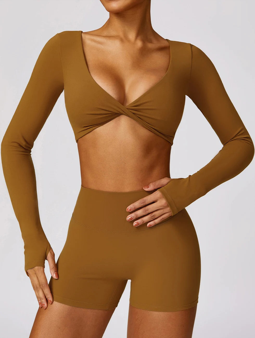 2-teilig Formschöne Langärmel Crop Top & Shorts Set-Schwartz