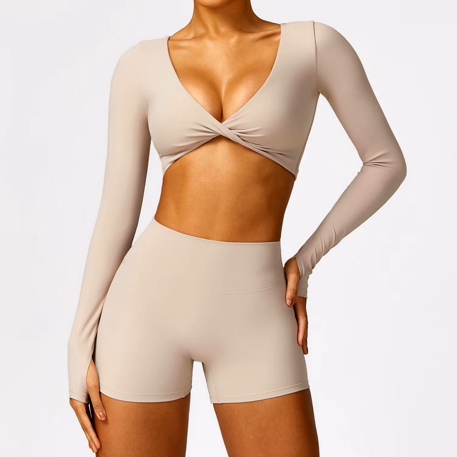 2-teilig Formschöne Langärmel Crop Top & Shorts Set-Schwartz