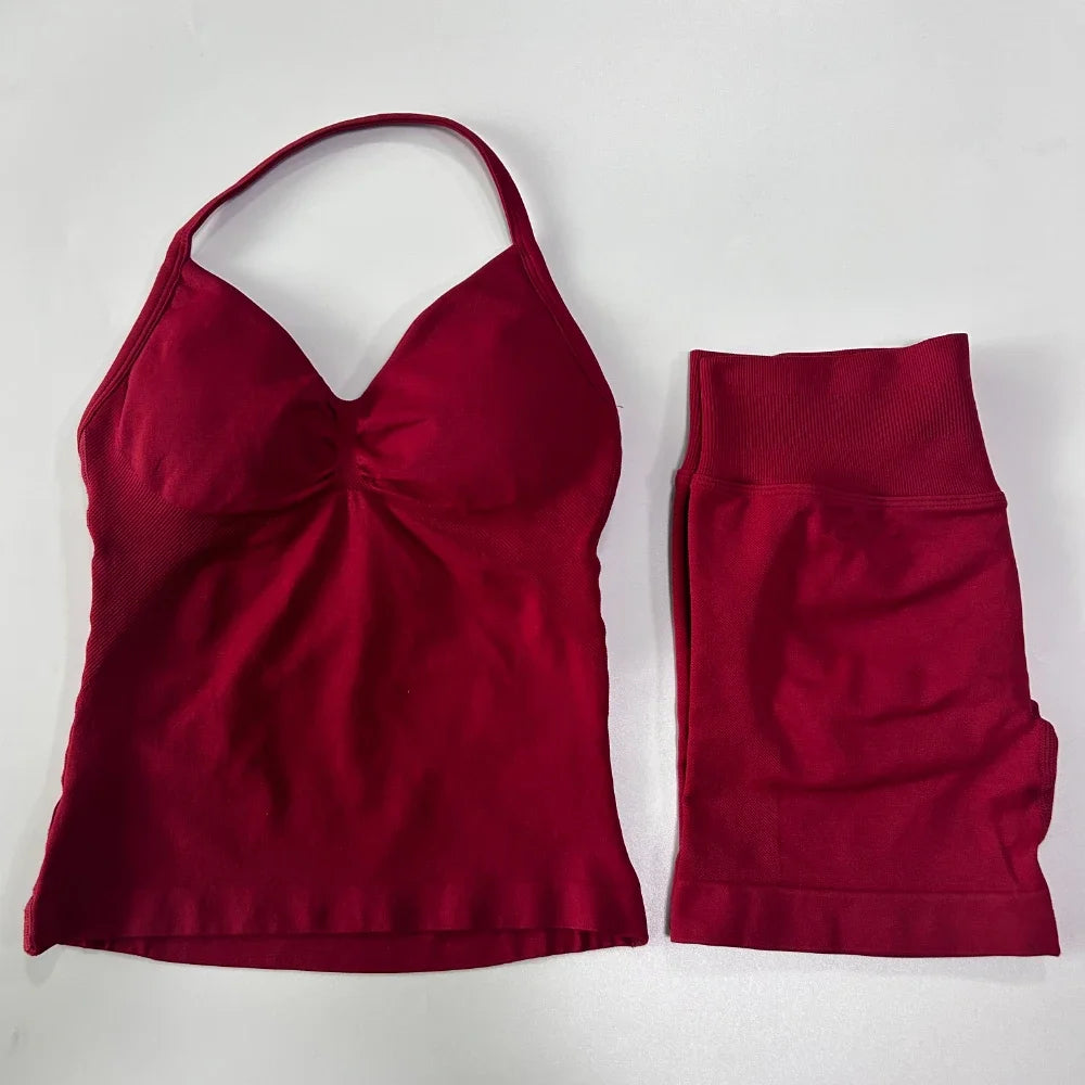 Strappy Backless Tank Tops & Shaping Shorts Set