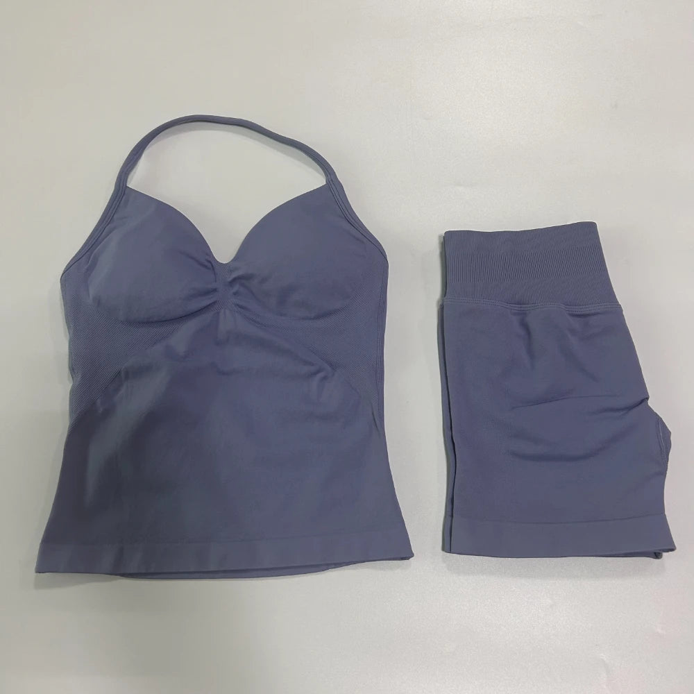 Strappy Backless Tank Tops & Shaping Shorts Set-V