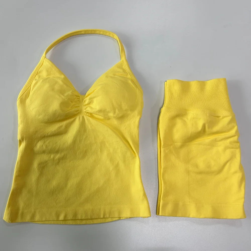 Strappy Backless Tank Tops & Shaping Shorts Set
