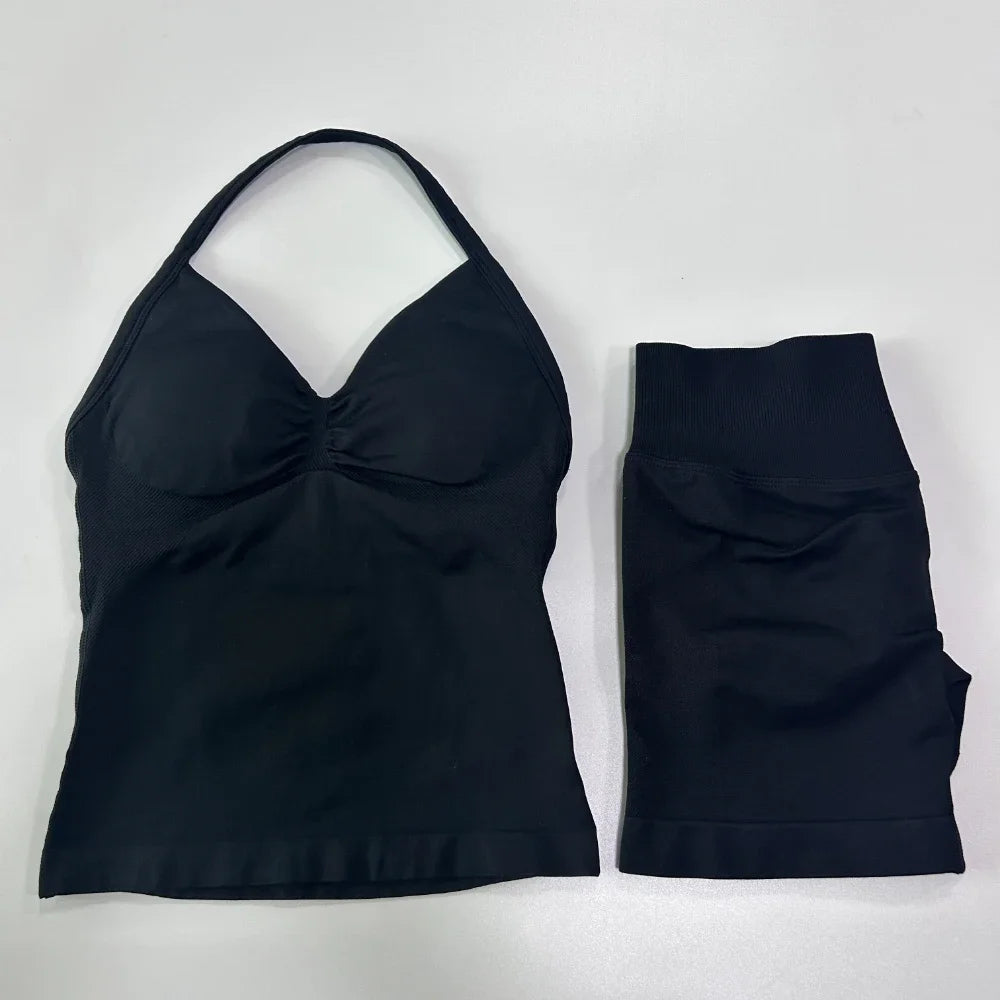 Strappy Backless Tank Tops & Shaping Shorts Set