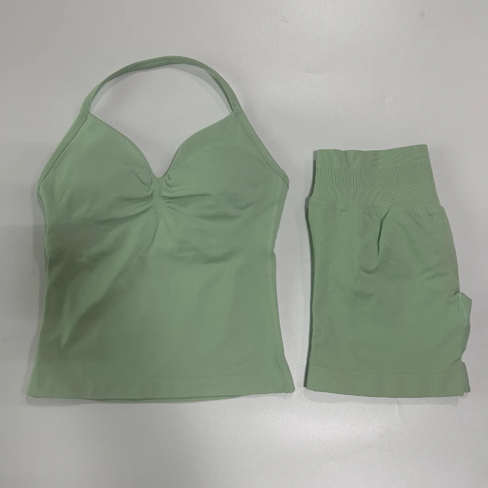 Strappy Backless Tank Tops & Shaping Shorts Set