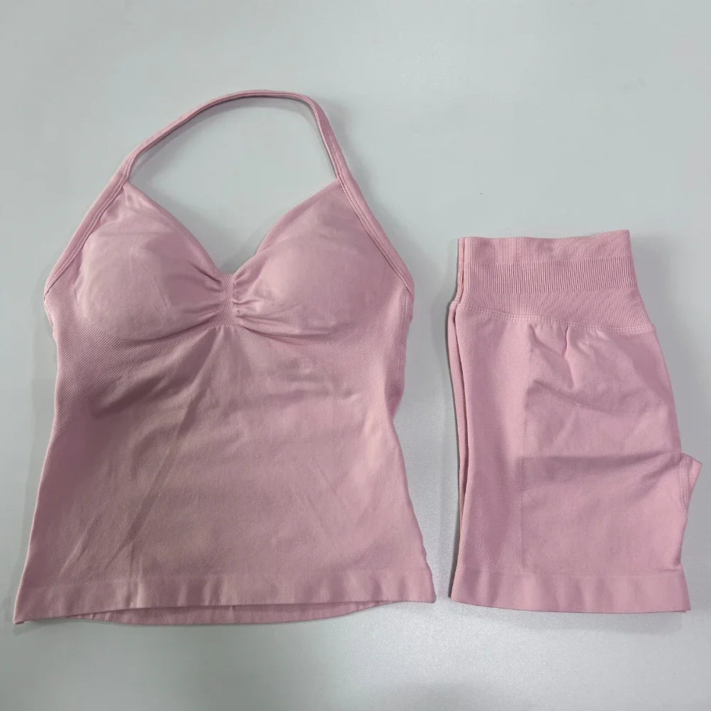 Strappy Backless Tank Tops & Shaping Shorts Set